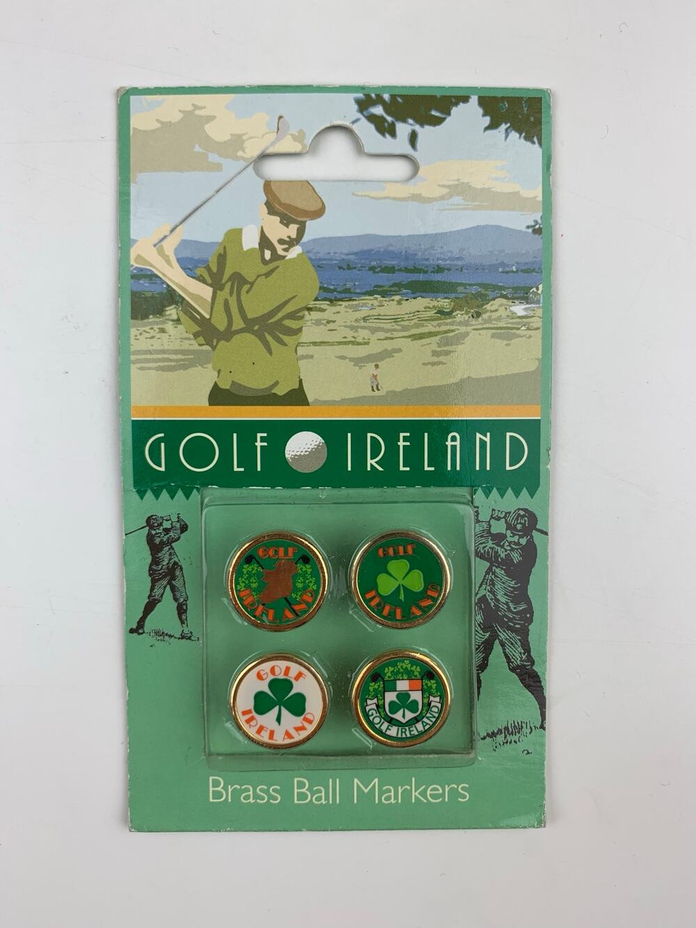 New Vintage Golf Ireland Brass Ball Markers Irish Theme Set of Four